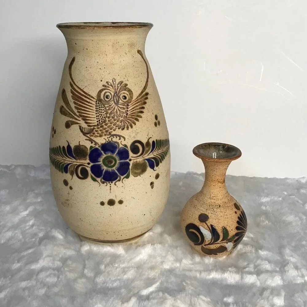 Vintage Tonala Mexican Pottery Owl Vase Set Hand Painted Folk Art Signed Western